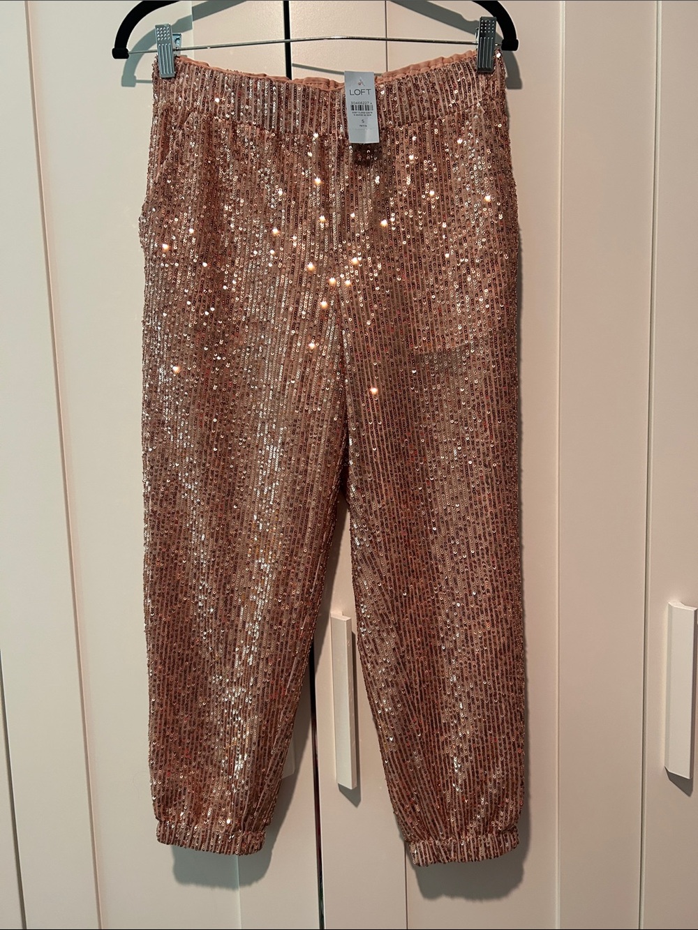 LOFT Rose Gold Sequin Cropped Jogger Pants